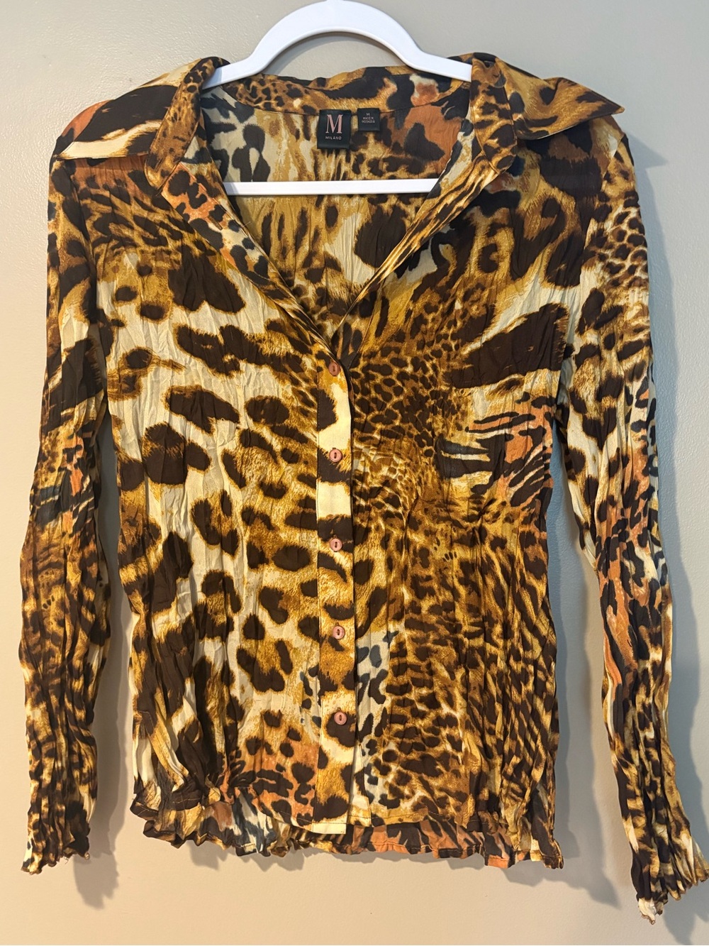 M Milano retro y2k 2000s cheetah print mcbling button up gauze pleated blouse